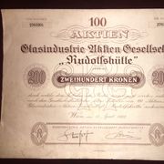 Dionica Akcija 100 x 200 Kruna Glasindustrie Rudolfschutte 27. April 1923.