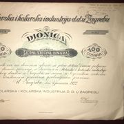 Dionica 100 Dinara Stolarska i kolarska industrija Zagreb 1. Januara 1922.