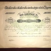 Dionica 10000 Dinara Zagreb 1 Siječnja 1922 Stolarska i kolarska industrija