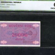 Bosnia BOSNA 20000 DINARA 1992 G. UNC -+ GRADING ICG