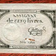 France ASSIGNAT FRENCH REVOLUTION 5 sols livres 1793 ( No096) NICE QUA