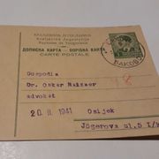 Dopisnica Đakovo - Osijek, Odvjetnik dr. Kenfelj, 1941.!