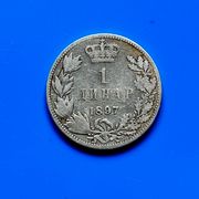Kraljevina Srbija - 1897, 1 dinar, srebro 0,835