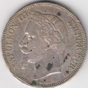 Francuska Napoleon III, 5 franaka 1870, Ag težina 24,77gr