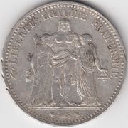 Francuska Hercule 5 franaka 1875 A, Ag težina 24,79gr