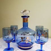 Vintage komplet plava boca i 4 čaše za vino