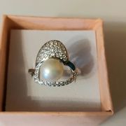 Prsten srebro pravo 925 žig,biser,cirkoni,srce