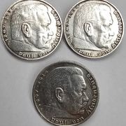 Njemacka tri kovanice gumb 5 maraka 1938E, 1938D, 1937D, težina 42,11gr
