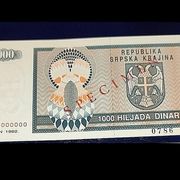 SPECIMEN 1000 dinara 1992 Strogi UNC ( prva serija )