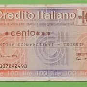 ITALIJA - 100 LIRA CREDITO ITALIANO TRIESTE 1976.