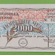 BANJA LUKA 2000 DINARA NOVČANI ČEK BANJALUČKA BANKA 1992