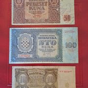 Lot od 3 ndh novčanice iz 1941!  50, 100 i 10 kuna iz 1941 godine!!