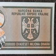 KNIN 20 000 000 DINARA (1993.) ZAMJENSKA, NISKI SERIJSKI BROJ, UNC