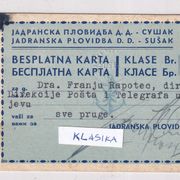 SUŠAK JADRANSKA PLOVIDBA - BESPLATNA KARTA 1.KLASE za 1938.g.