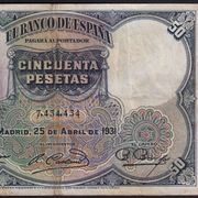 Novčanica Španjolska 50 Pesetas 1931 Pick 82