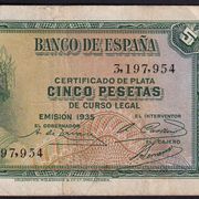 Novčanica Španjolska 5 Pesetas 1935 Pick 85a