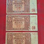 Lot 3 novčanice od 50 kuna iz 1941 godine!!