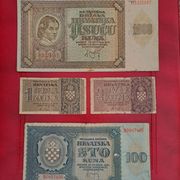 Lot od 4 novčanice ndh kuna!! 100 i 1000 kuna iz 1941 i 1 i 2 kune iz 1942