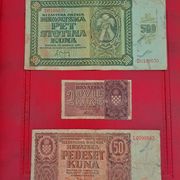 Lot od 3 novčanice ndh kuna!! 50 i 500 kuna iz 1941 i 2 kune iz 1942 god.