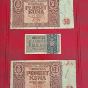 2 novčanice od 50 kuna iz 1941 i 1 kuna iz 1942 god.