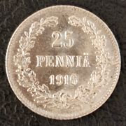 FINLAND- 25 PENNIÄ 1916., SREBRO