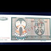 1000 Dinara 1992 1 serija UNC SPECIMEN