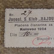 JUGO. SPORTSKI KLUB HAJDUK ☆ 1924.g ☆ KRALJEVINA S.H.S. ☆ ČLANARINE / RRR !